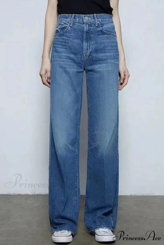 2024 New High-waisted Wide-leg Straight Women Solid-color Embroidered Letter Denim Long Jean