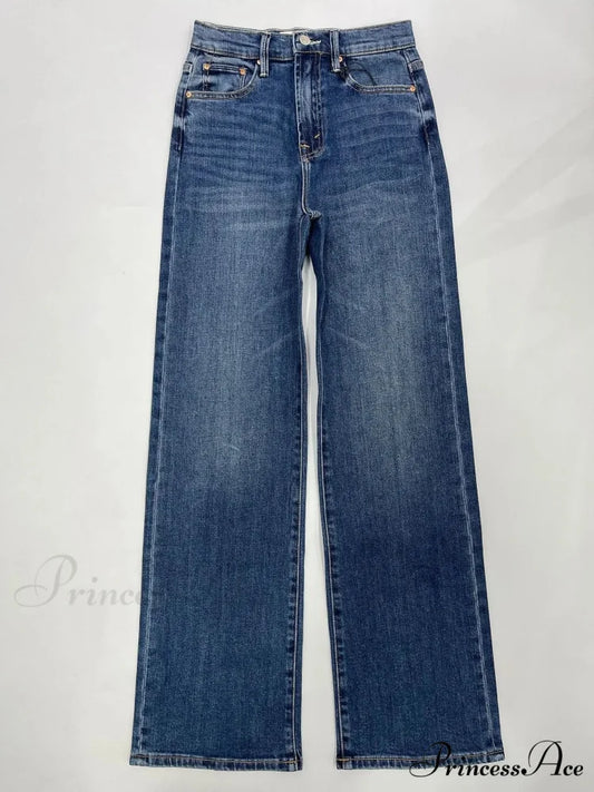 2024 New High-waisted Wide-leg Straight Women Solid-color Embroidered Letter Denim Long Jean Royal Blue / 25