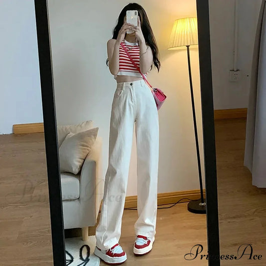 2024 Spring Autumn New Vintage Waist Pants For Women Korean Fashion Streetwear Straight Casual Baggy Woman Jeans WHITE