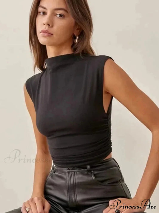 2024 Summer Black Turtleneck Crop Purple Solid Sleeveless Women Tshirt Rave Outfits E Girl Colorful Tank top Black / S