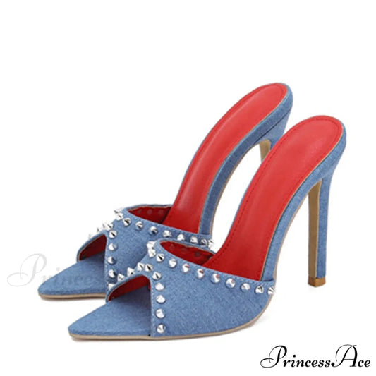2024 SummerFashion Metal Rivet Designer High-Heels Pointed-Toe Party Stripper Women Mules High Heel Blue / 35