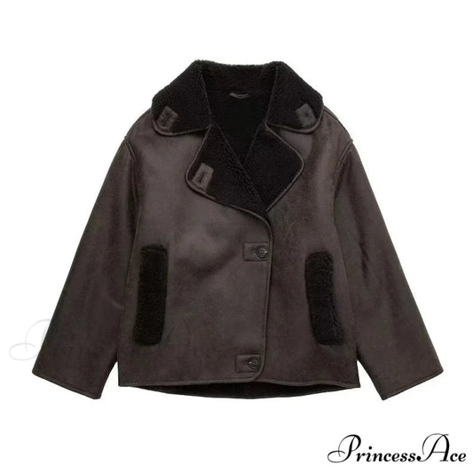 2024 Thick Faux Leather Autumn Winter Warm Wool Blends Demi-season Jacket Brown / S