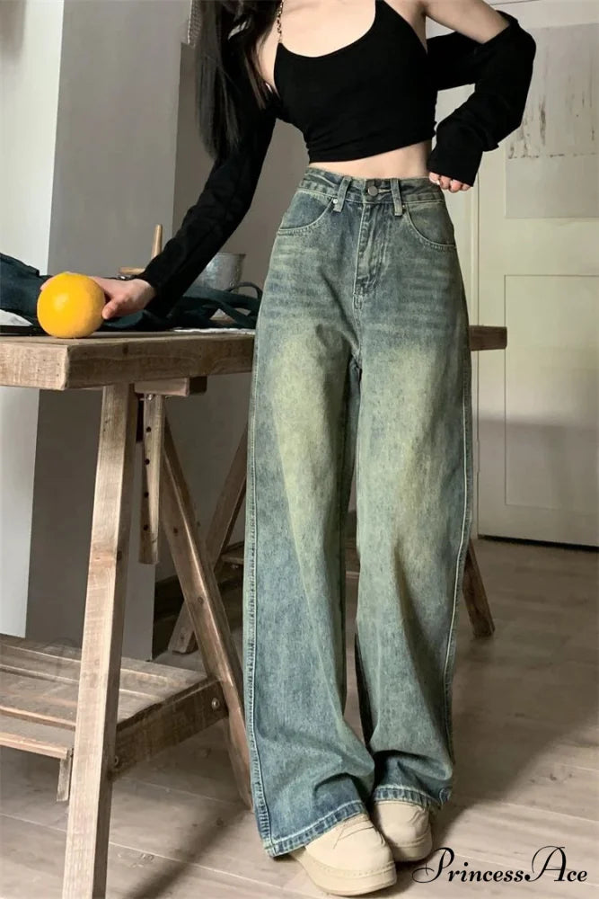 2024 Vintage Korean Denim Pants Y2K American Retro Waist Cowboy Slim Straight Leg Wide Leg Cowboy Jeans