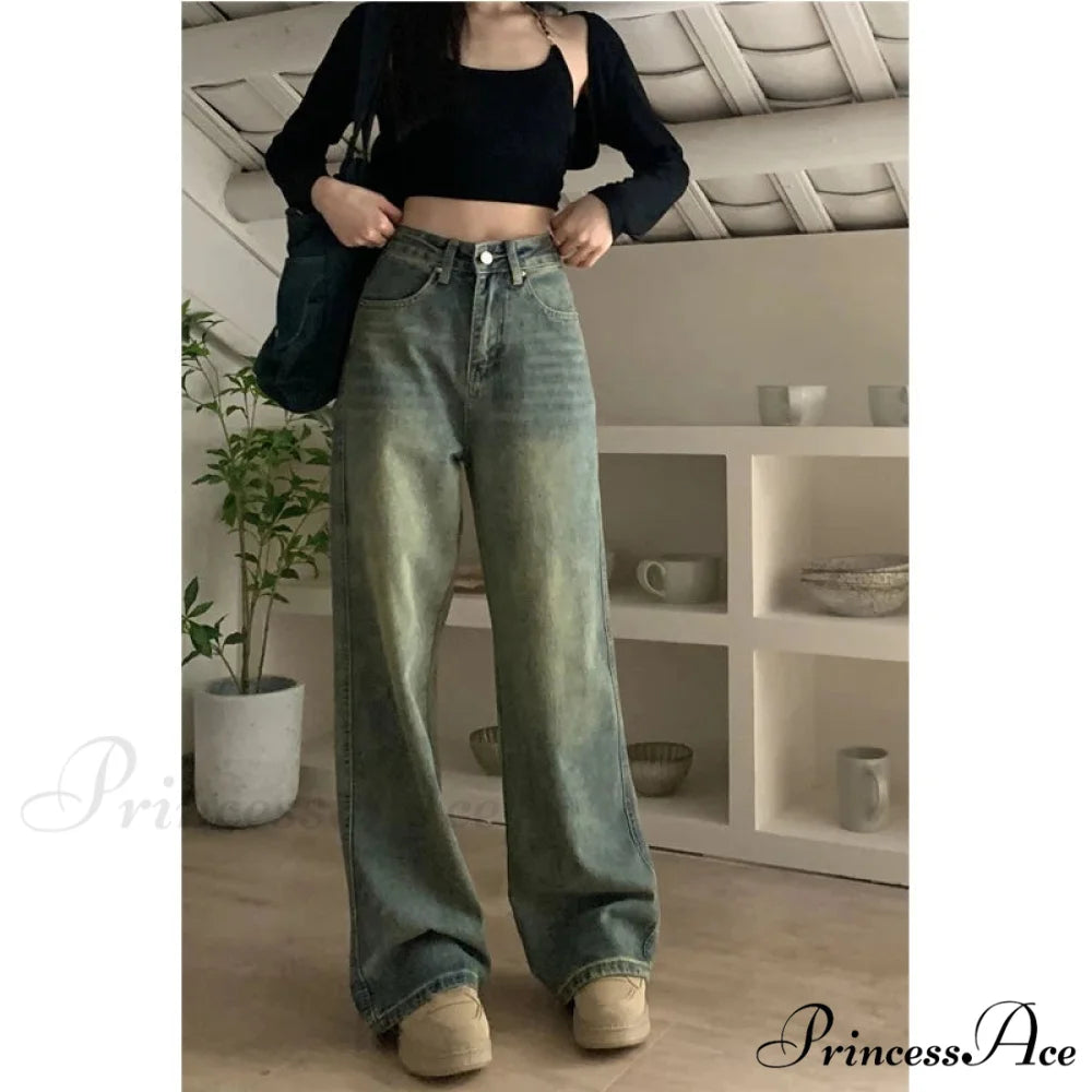 2024 Vintage Korean Denim Pants Y2K American Retro Waist Cowboy Slim Straight Leg Wide Leg Cowboy Jeans
