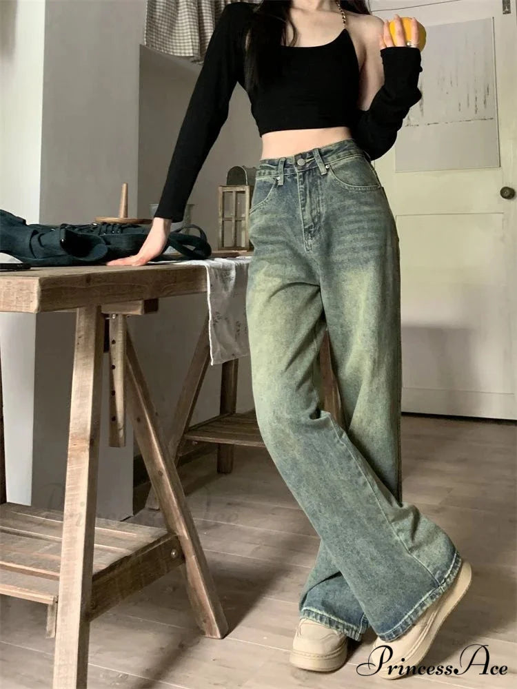 2024 Vintage Korean Denim Pants Y2K American Retro Waist Cowboy Slim Straight Leg Wide Leg Cowboy Jeans