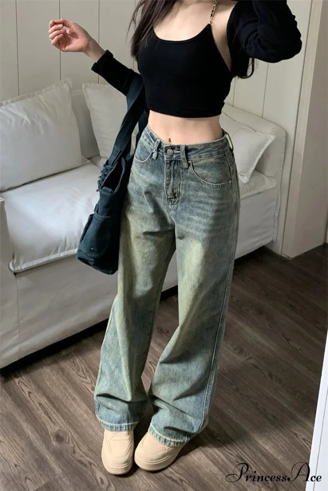 2024 Vintage Korean Denim Pants Y2K American Retro Waist Cowboy Slim Straight Leg Wide Leg Cowboy Jeans
