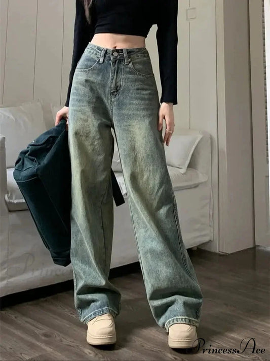 2024 Vintage Korean Denim Pants Y2K American Retro Waist Cowboy Slim Straight Leg Wide Leg Cowboy Jeans BLUE / S