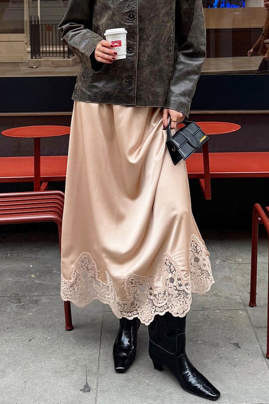 Pink Lace Hem A-Line Midi Skirt