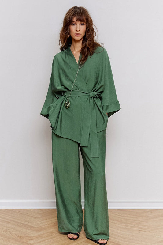 Tie Waist Pajama Top Straight Pants Set