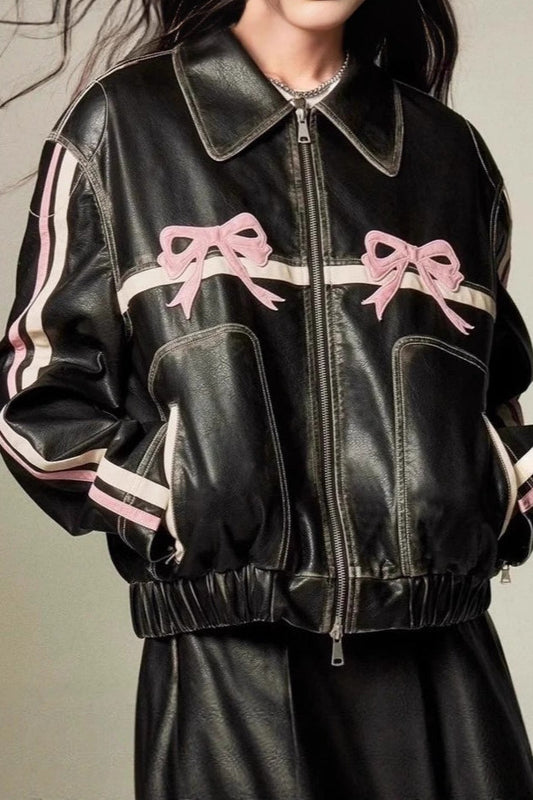 Bow Decor Faux Leather Moto Jacket