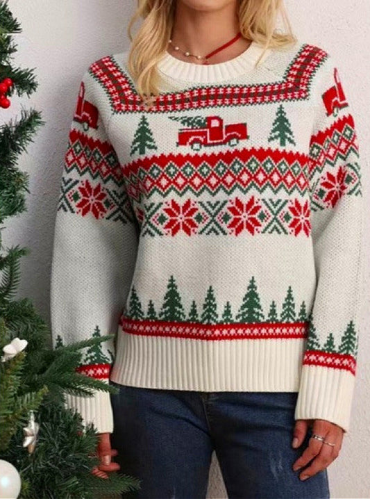 Christmas Tree Print Crew Neck Color Block Embroidery Sweater