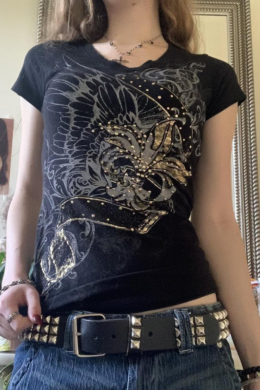 Vintage Print Rhinestone Slim Short Sleeve T-shirt