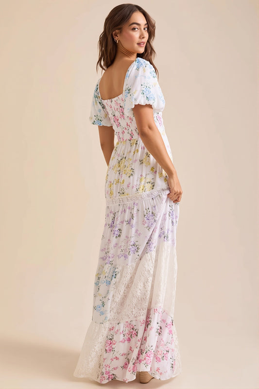 Lace Splice Floral Printed Boho Dress