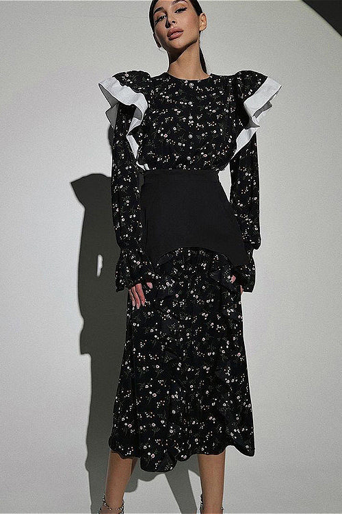 Removable Belt Long Sleeve Casual Floral Dress