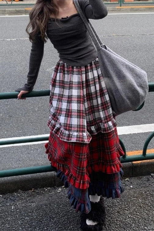 Vintage Color Block Lace Tiered Christmas Skirt