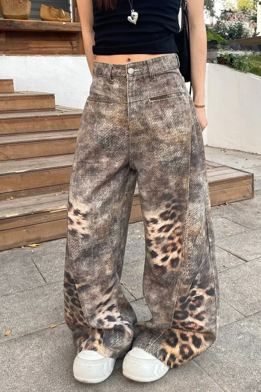 Leopard Print Washed Wide Leg Jeans