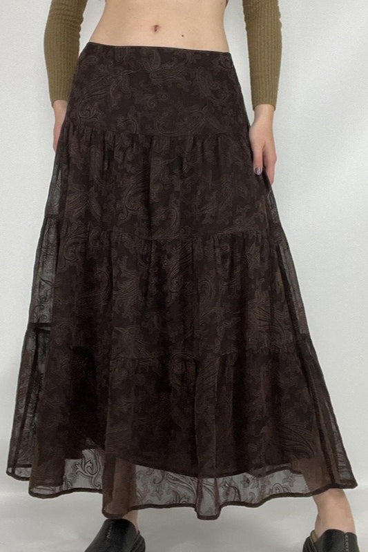 Brown Mesh A-Line Maxi Skirt