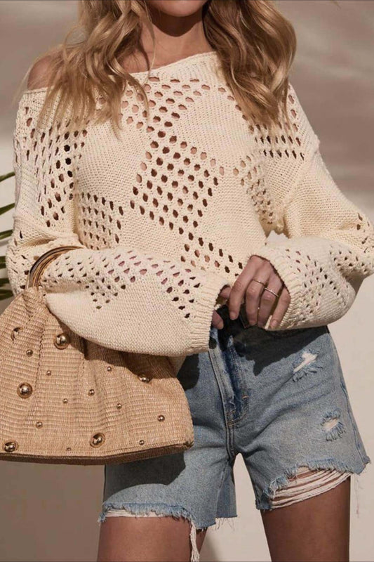 Cutout Off-the-Shoulder Long Sleeve Knit Blouse