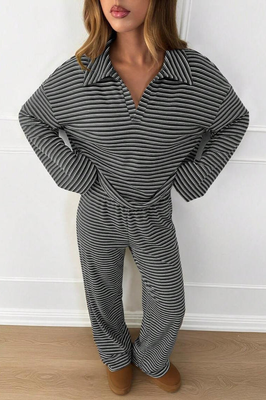 Contrast Stripe Collared Lounge Pants Set