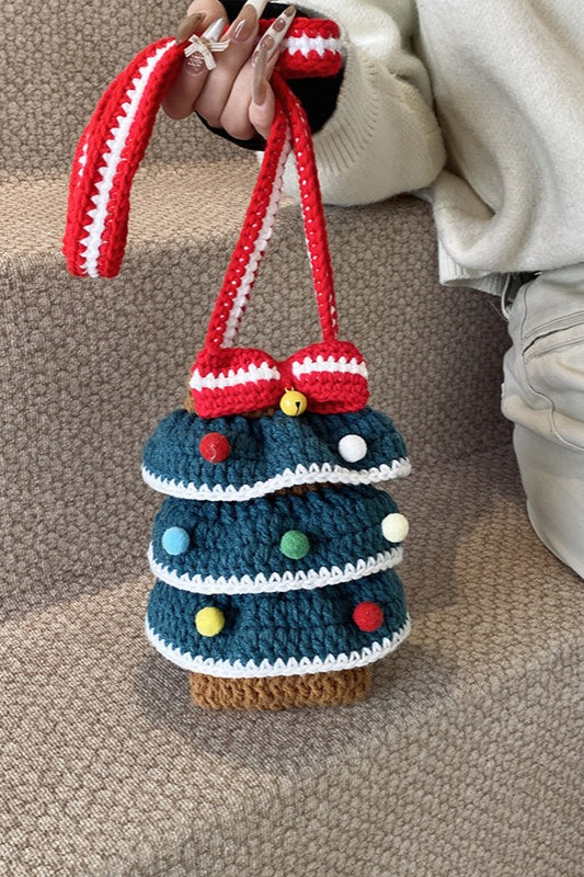Cute Hand Knitted Yarn Christmas Tree Bauble Crossbody Bag