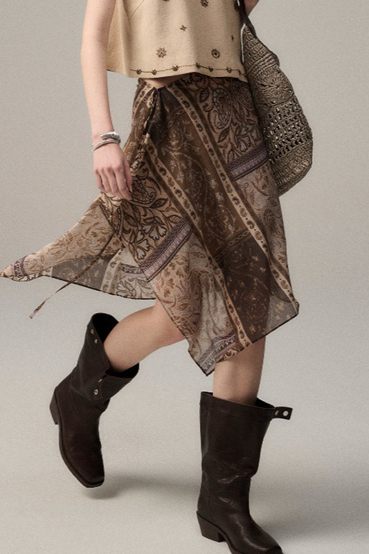 Retro Printed Overlap Midi Skirt