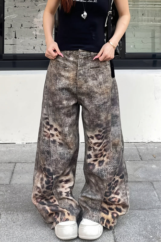 Leopard Print Washed Wide Leg Jeans