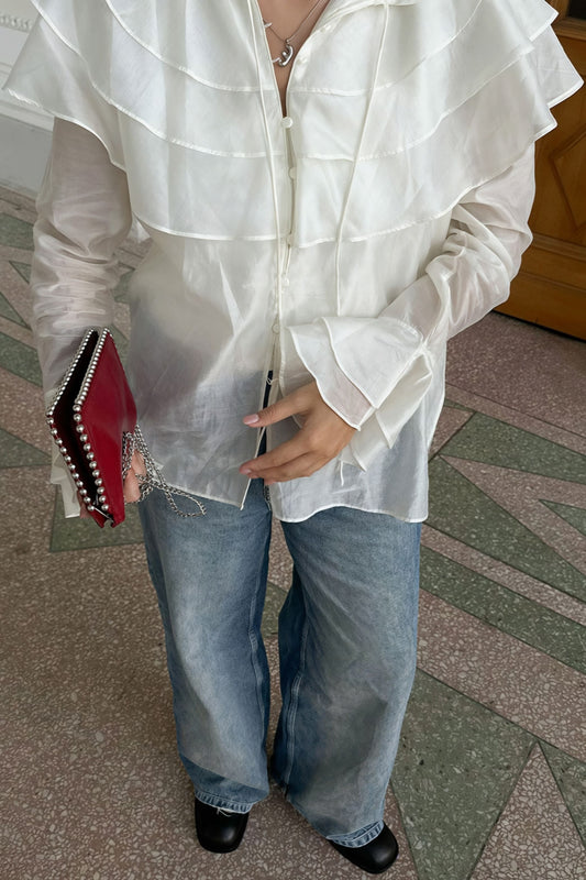 Ruffled Flare Sleeve Tencel Chiffon Blouse