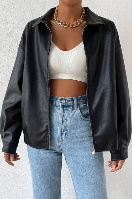 Vintage Faux-Leather Zip Moto Jacket