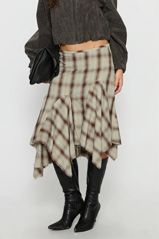 Plaid Asymmetric Wrap Midi Skirt