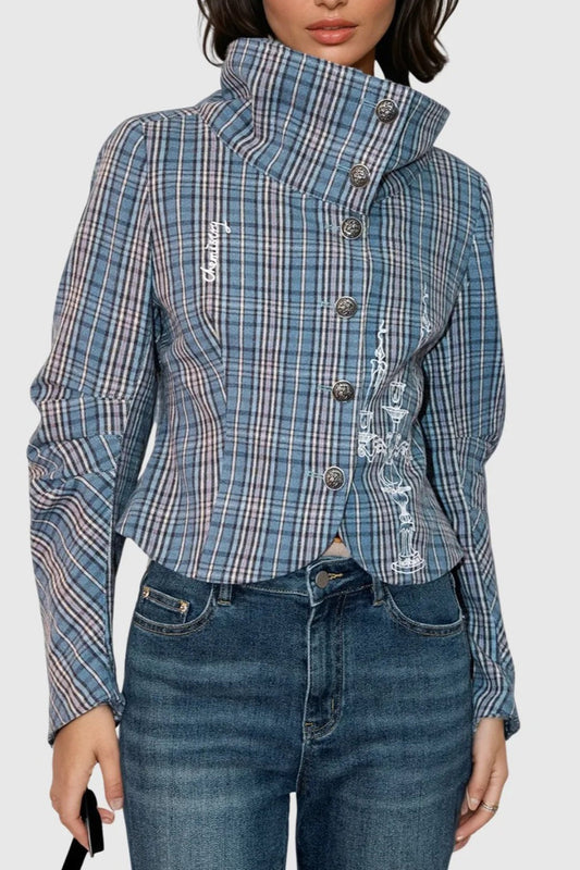 Vintage Stand Collar Plaid Button Blouse