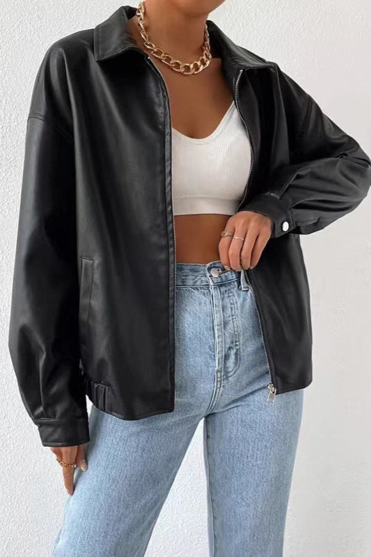 Vintage Faux-Leather Zip Moto Jacket