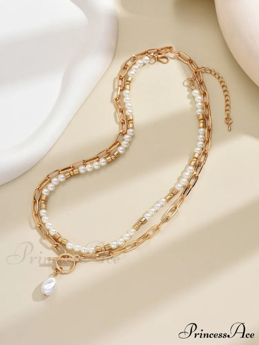 2pcs Faux Pearl Charm OT Buckle Necklace