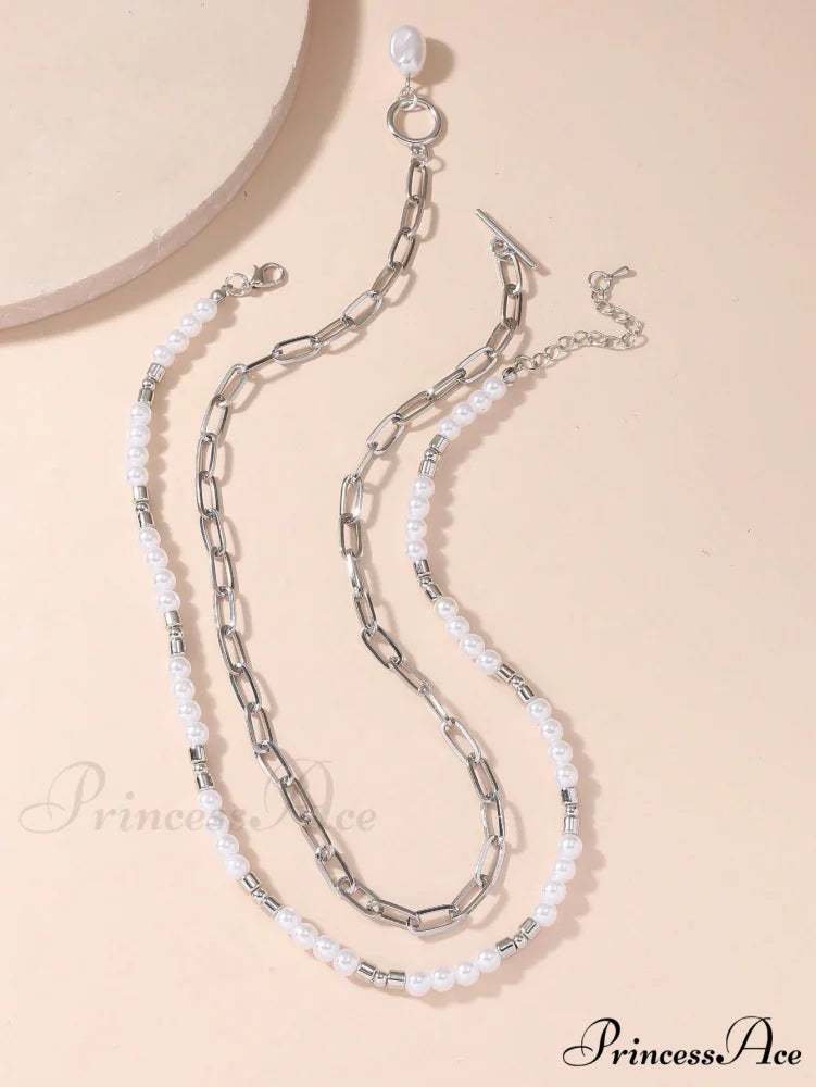 2pcs Faux Pearl Charm OT Buckle Necklace Silver / one-size