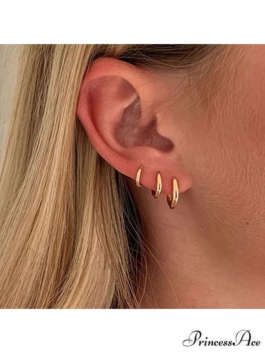 3 Pairs Huggie Hoop Earrings Yellow Gold / one-size
