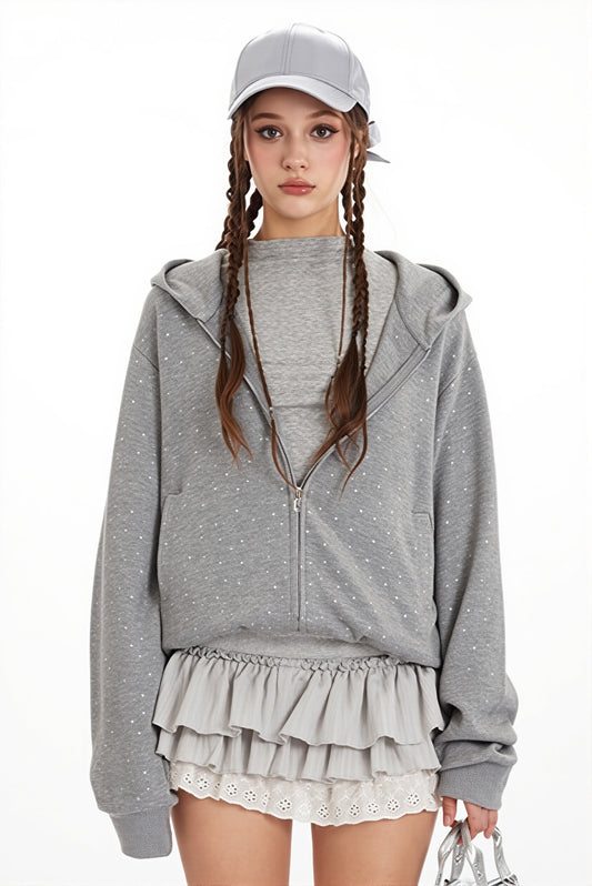 Star Print Ear Decor Cropped Hoodie