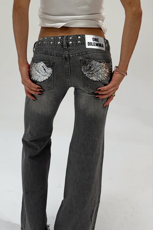 Butt Wing Sequin Straight Leg Jeans
