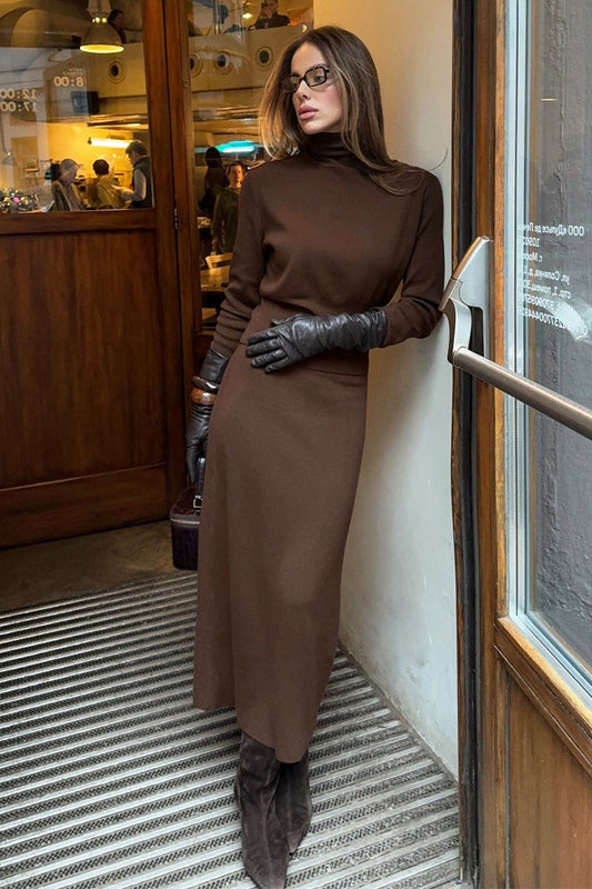 Turtleneck Knit Top Midi Skirt Set