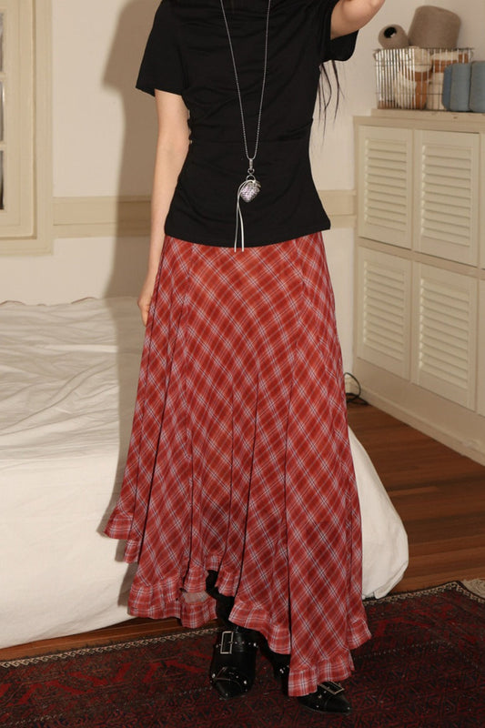 Plaid Asymmetric Ruffle Midi Skirt