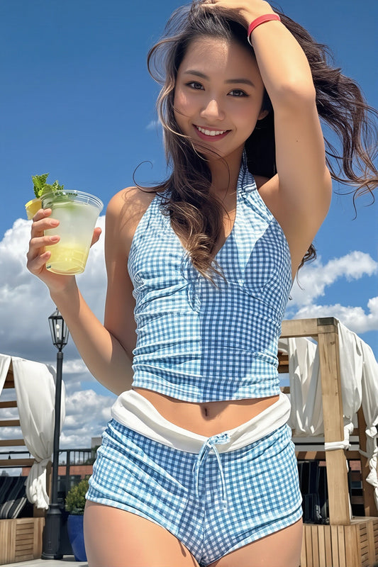 Contrast Plaid Halter Two Piece Swim Set