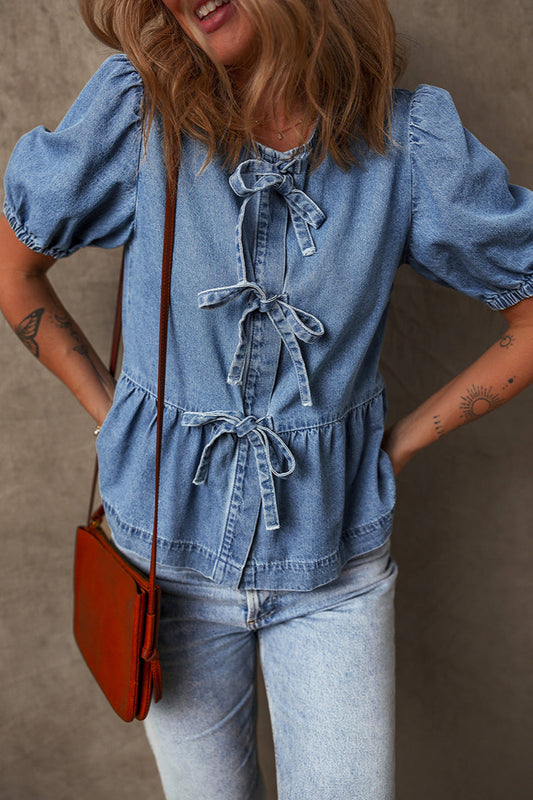 Solid Denim Tie Bow Blouse