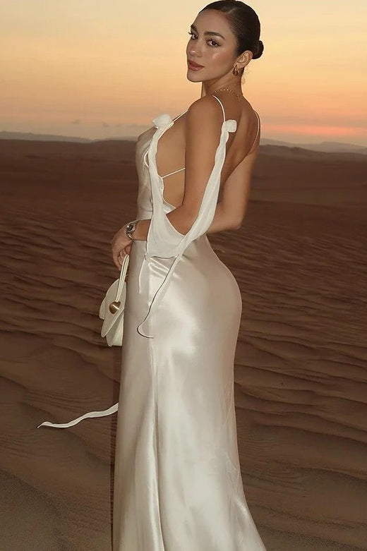 Solid Satin Floral Backless Elegant Maxi Dress