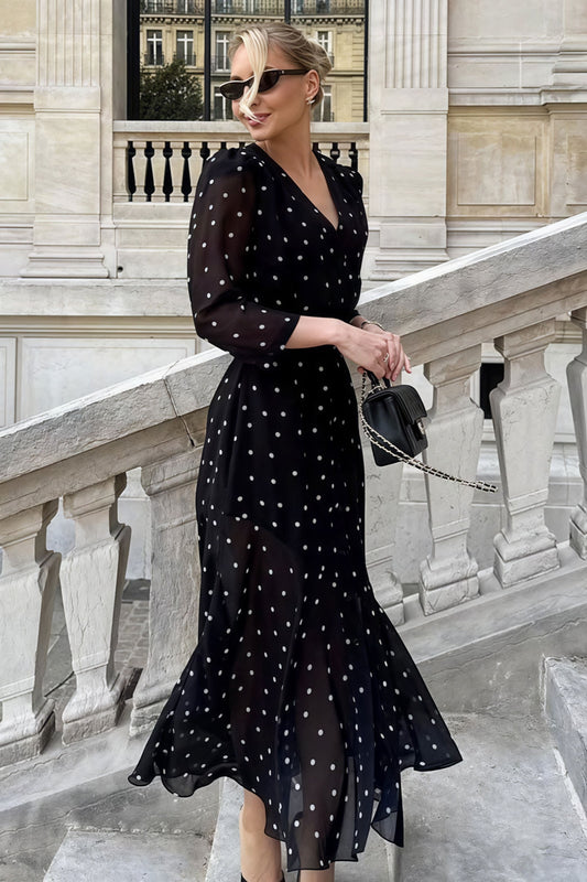 V Neck Waist Long Sleeve High Slit Polka Dot Midi Dress