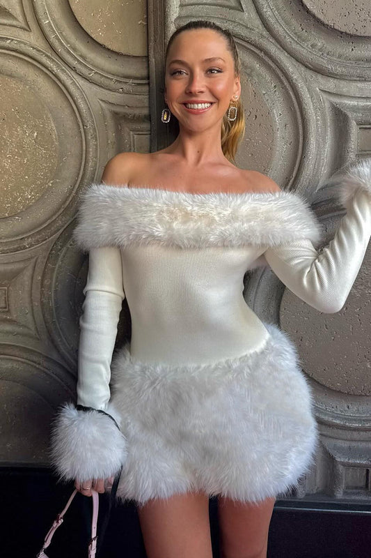 Plush Trimmed Off Shoulder Slim Knit Formal Sweater Dress