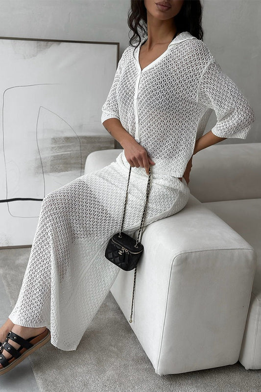 Openwork Collared Cardigan Maxi Skirt Set