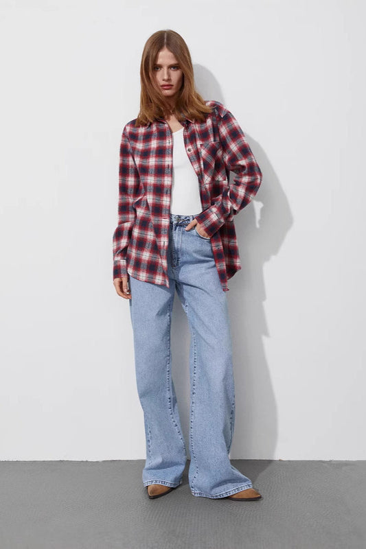 Cotton Plaid Oversized Shirt Blouse