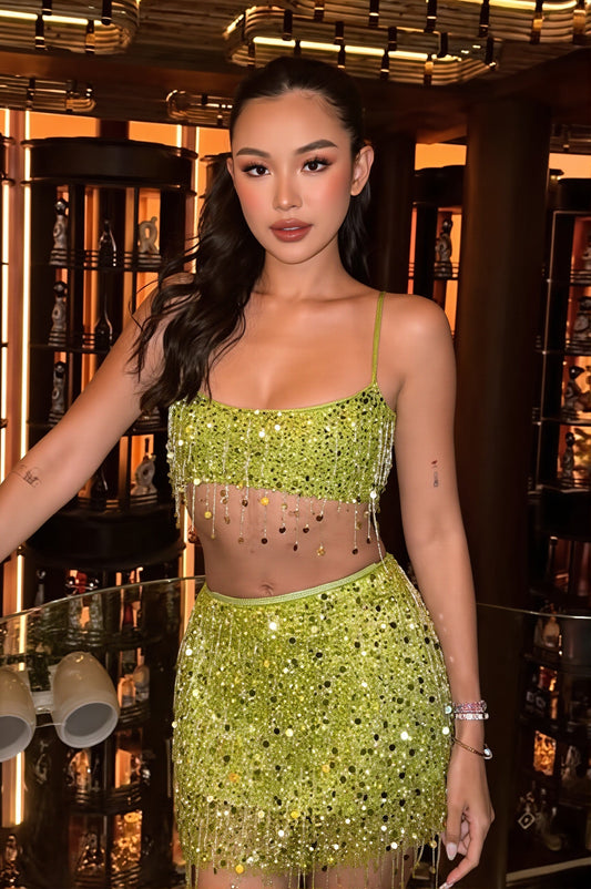 Sequin Fringe Cami Skirt Set