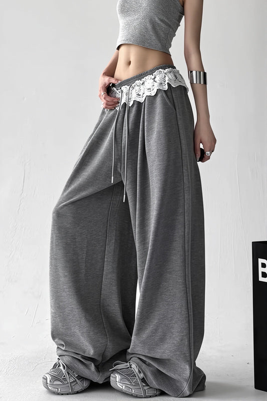 Lace Waist Wide Leg Sweat Pants