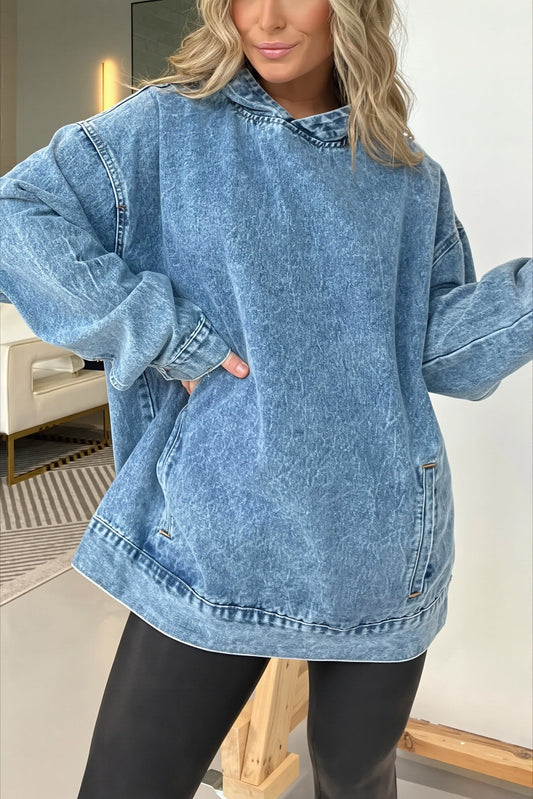 Washed Denim Longline Pullover Hoodie