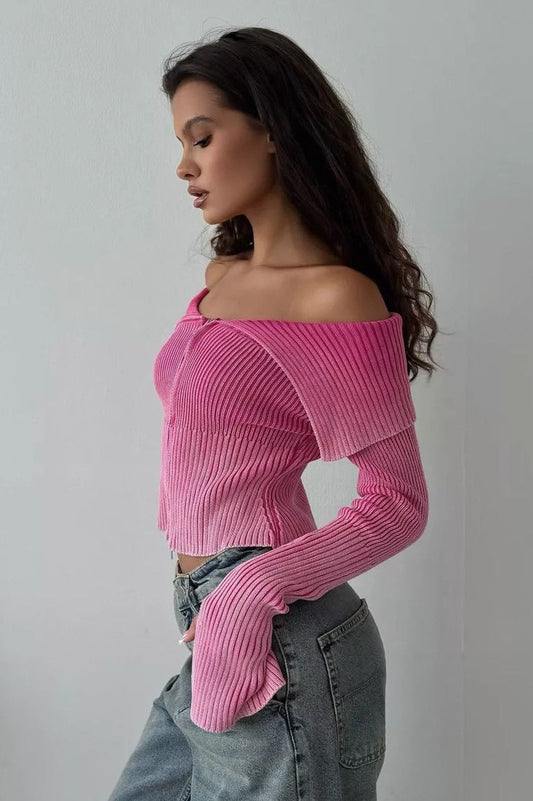 Off Shoulder Zipper Fitted Knit Blouse