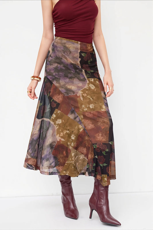 Floral Mesh Asymmetric Slit Midi Skirt